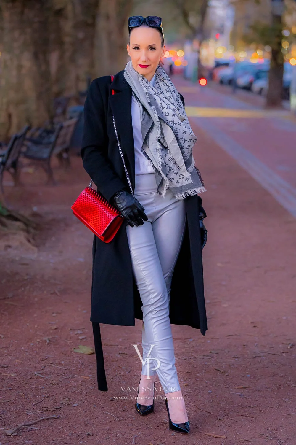 Vanessa Pur in silver leather pants and winter coat or long black coat - fall fashion